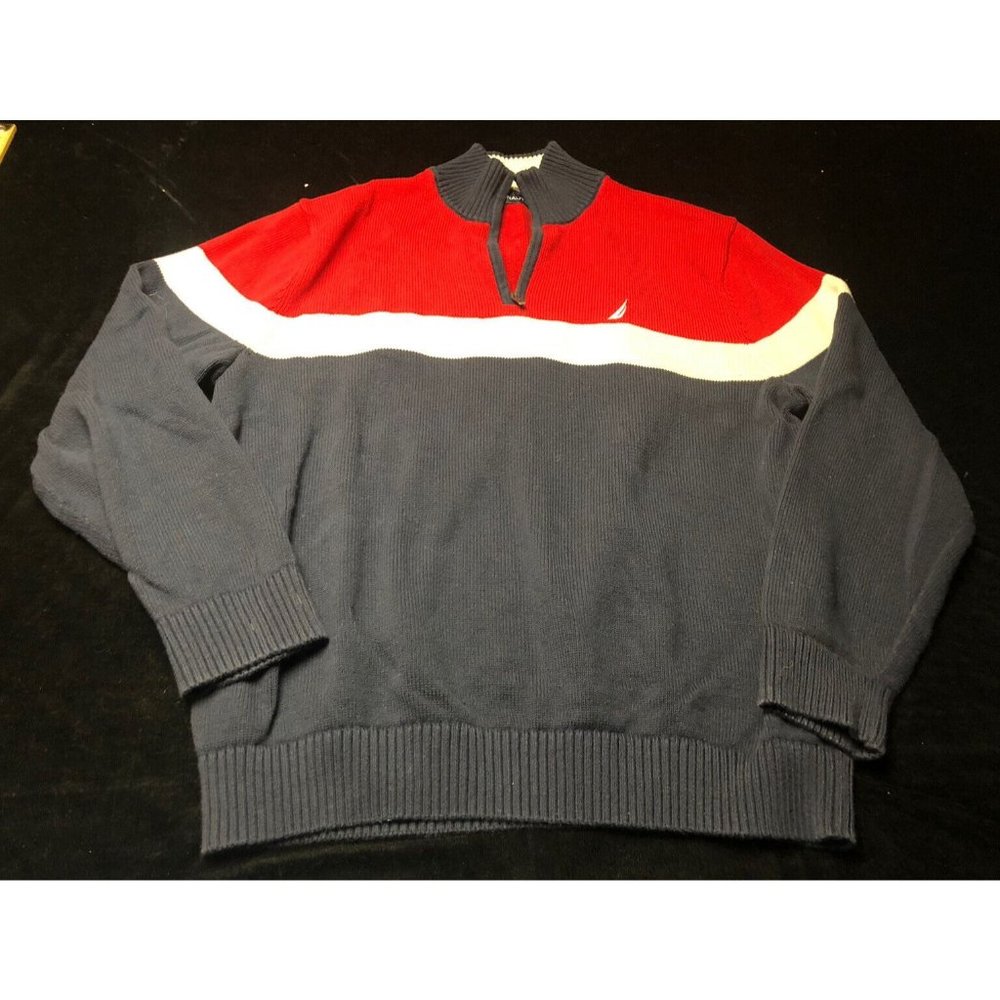 Nautica Sweater Mens Tricolor Blue Navy Red White Zipper High Neck Size X-Large